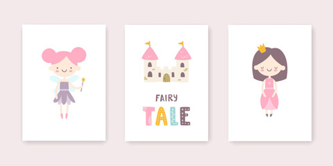 Girly fairytale poster set. Fantasy princess prints collection for baby girl wall art.