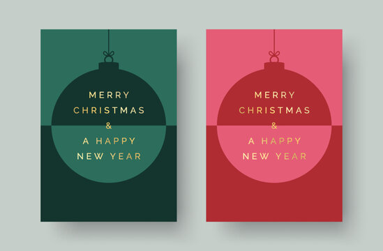 Merry Christmas and Happy New Year Set of greeting cards, holiday cover, invitation template. Modern Christmas bauble design with gold text. Minimalist vector template set for Christmas cards