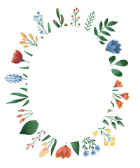 Elegant oval watercolor floral wreath on white background for your design. Hand drawn frame with spring flowers and leaves