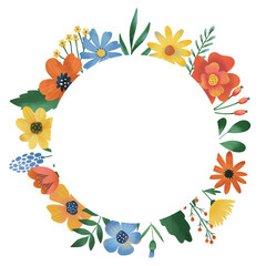 Elegant round watercolor floral wreath on white background for your design. Hand drawn frame with spring flowers and leaves