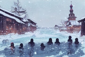 Lipetsk, Russia December 25, 2021 Women in cold water swim in winter. There is heavy snowfall in winter.