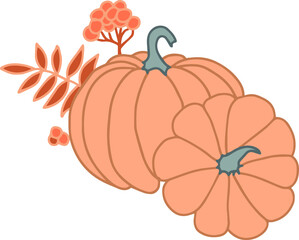pumpkins and rowan branch with leaves and bunch of berries seasonal autumn vector illustration thanksgiving day