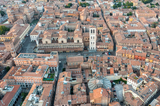 Aerial view of Ferrara, a small town in Emilia Romagna, Italy.