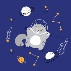 Astronaut cat, cat flying in space, children's illustrations on the space theme, spaceships, aliens, comet, planet, asteroid, space, galaxy, rocket flying into space, alien ship, set of space elements
