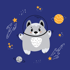 Fototapeta na wymiar Astronaut dog, dog flying in space, children's illustrations on the space theme, spaceships, aliens, comet, planet, asteroid, space, galaxy, rocket flying into space, alien ship, space elements set