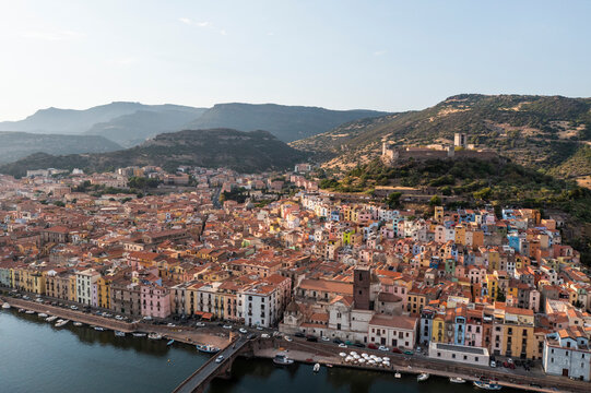 Aerial view of Bosa, a small town along the Remo river, Oristano, Sardinia, Italy.