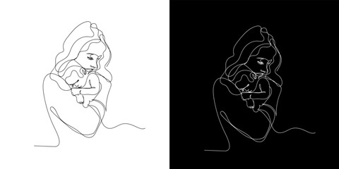continuous line of mother and child. line drawing of mother's love for babies