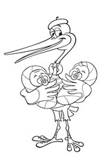 Vector image of a French stork with twins, isolated on white. Stork with twins. Stork as a French mime. Twins boy and girl.