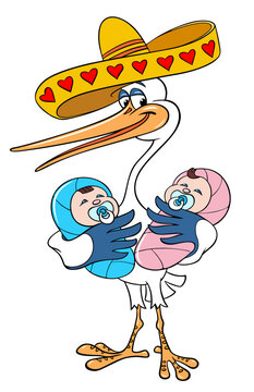 Twins boy and girl. Vector color image of a Mexican stork with twins, isolated on white. Stork in the form of a Mexican in a hat. Stork with twins.