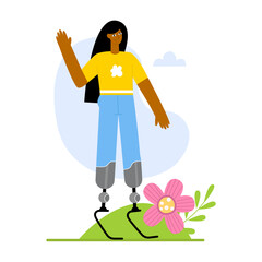 Happy black woman with prosthetic legs. Person with a disability. Flat vector illustration