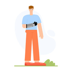 Happy young man with bionic arm prosthesis. Person with a physical disability. Flat vector illustration