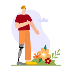 Happy young man with bionic prosthetic leg. Person with a physical disability. Flat vector illustration