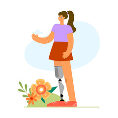 Happy young woman with bionic leg prosthesis outdoors. Person with a physical disability. Flat vector illustration