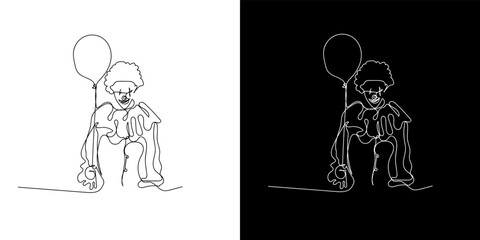 evil clown continuous line. evil clown character line drawing evil clown carrying balloons for kids