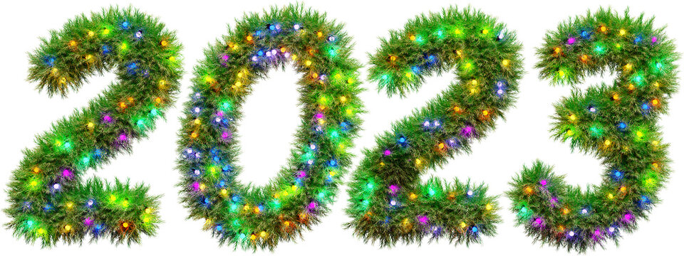 Number 2023 from the branches of Christmas tree. New Year 2023, figures covered with fir branches and light garlands. Figures of the new year 2023, lettering. 3D Render. Transparent background