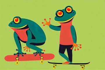 A skater frog, 2d illustration. Young casually dressed anthropomorphic toad holding a skateboard. Cartoon illustration of chubby skateboarder froglet. An animal character with a human body