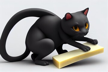 Anthropomorphic gray cat holding a cheese loaded mousetrap, trying to install it on the floor. 3d render isolated on white