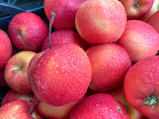 Drops of water on the skin of a red apple close-up
