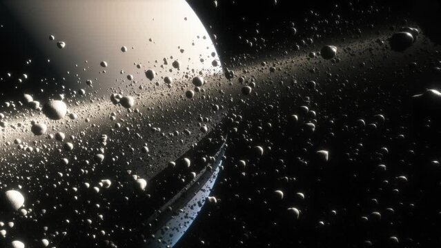 Cinematic animation of Saturn's rings made of rocks, dust and ice. Planet Saturn is a huge planet of the solar system with beautiful rings. Asteroid field near the planet