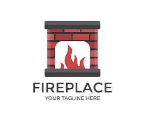 A brick fireplace in which a fire burns logo design. Furnace made of stone and redbrick, vector design and illustration.
