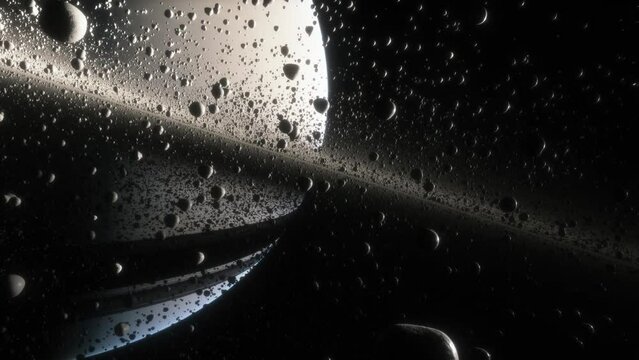 Cinematic animation of Saturn's rings made of rocks, dust and ice. Planet Saturn is a huge planet of the solar system with beautiful rings. Asteroid field near the planet