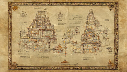 AI generated image of the blueprint or construction plan of an ancient Hindu temple in India