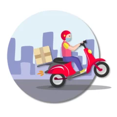 Foto op Plexiglas Online delivery service , online order tracking, delivery home and office. Scooter delivery. Shipping. Man on the bike with mask. Vector illustration © Mari Bell