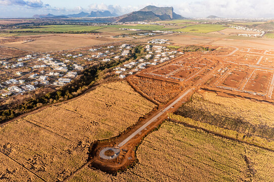 Aerial view of a residential area in Flic en Flac, Black River, Mauritius.