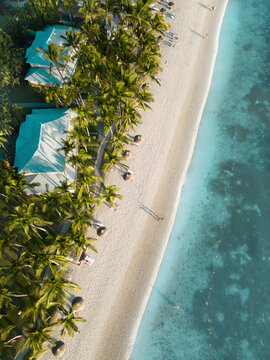 Aerial view of a beautiful beach along the coast in flic en Flac, Mauritius.