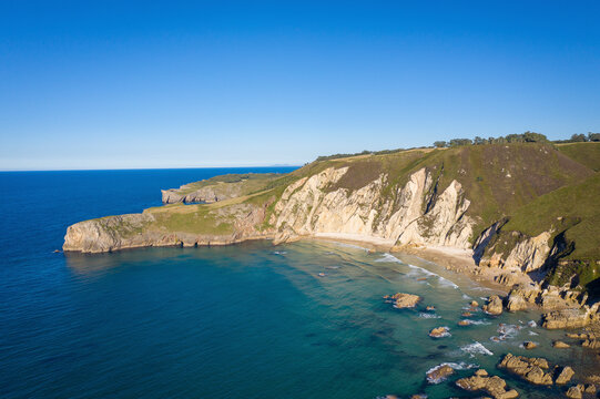 Aerial view of  El Oso and La Franca Beach, Asturias, Costa Verde, Spain
