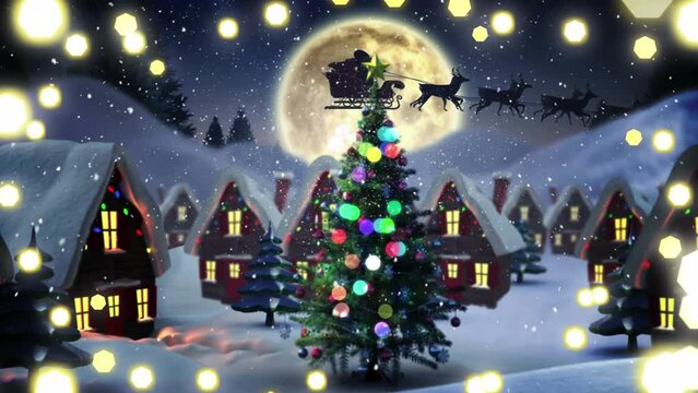 Animation of snow falling and christmas fairy lights flickering and christmas tree in winter scenery