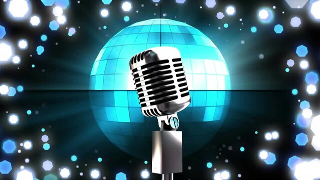Animation of retro mirror disco ball, microphone and christmas fairy lights flickering