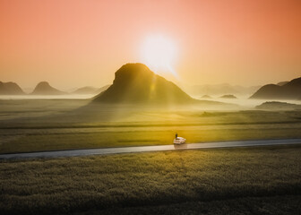 Aerial view of valley in Luoping at sunrise.