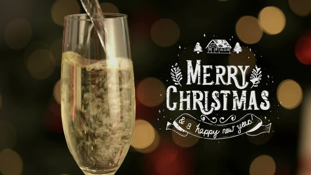 Animation of season's greetings text over champagne flute and flickering fairy lights