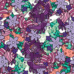 Fantasy messy freehand doodle geometric shapes and flowers seamless pattern.  Infinity ditsy scribble abstract card, layout. Creative background. Textile, fabric, wrapping paper.