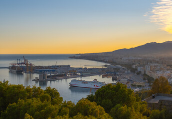 Aerial view of Malaga taken from Gibralfaro castle including port of Malaga,  Andalucia, Spain.