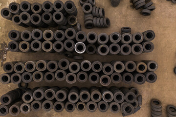 Drone view of piles of used tires.