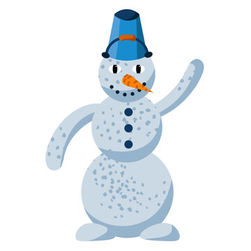 Cute happy snowman with carrot nose and bucket hat waving hello isolated on white background. Happy new year holidays.