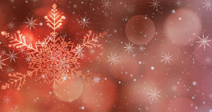 Animation of snow falling and christmas fairy lights flickering over red background