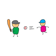 illustration vector graphic Kids drawing style funny cute two child play baseball in a cartoon style.