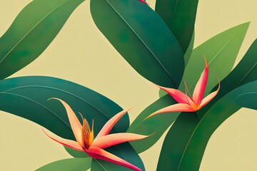 2d seamless tropical bird of paradise plant pattern with leaves, exotic flower blooming in summer. modern graphical floral background allover print. all elements are separate and editable.