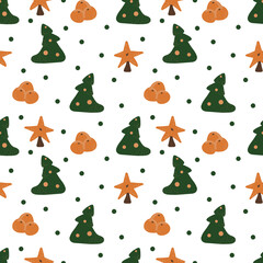 Christmas pattern13. Christmas fir tree, star on fir tree, tangerines, circles. Color cartoon illustration.