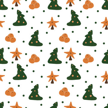 Christmas pattern13. Christmas fir tree, star on fir tree, tangerines, circles. Color cartoon illustration.