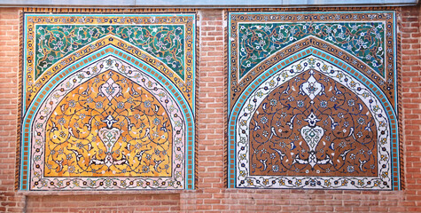 Brick wall with mosaics at the entrance to Shrine Ensemble, mausoleum and khaneghah of Sheikh Safi al-din, Ardabil, Iran