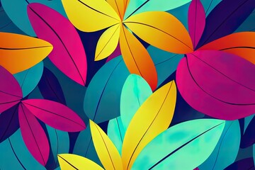 Bright floral tropical leaves on abstract colorful pattern. 2d seamless background. Plant flower nature wallpaper