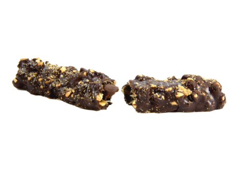 Chocolate coated bread broken into two pieces, sweet, crispy, delicious taste isolated on white background.Selection focus.