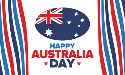 Australia Day. National happy holiday, celebrated annual in January 26. Australian flag. Patriotic elements. Poster, card, banner and background. Vector illustration