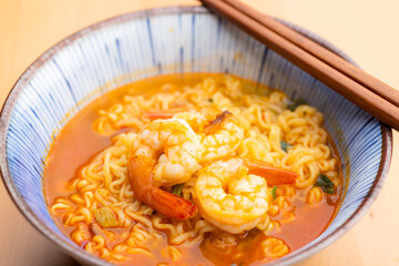Instant noodle soup with shrimp