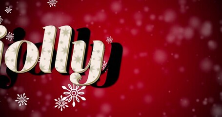 Animation of christmas jolly text over snow falling on red background