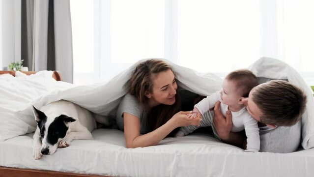 Beautiful family wearing pajamas lying in the bed with little child boy and cute dog under the blanket. Young parents talking with their toddler baby in sunny bedroom and smiling